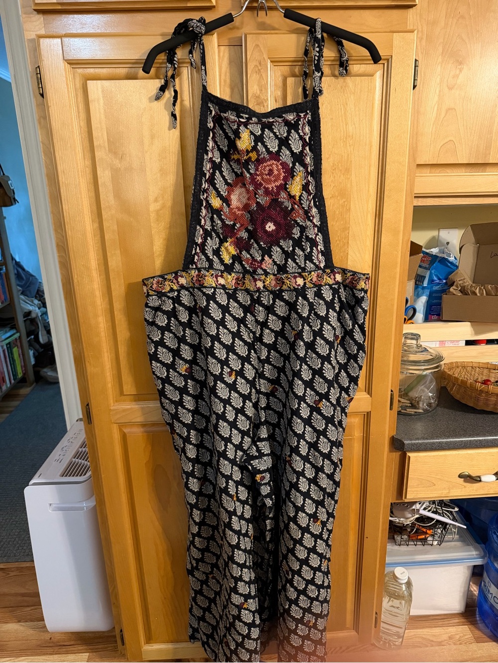 Anthropologie Black Printed Romper with Floral Embroidered Bib